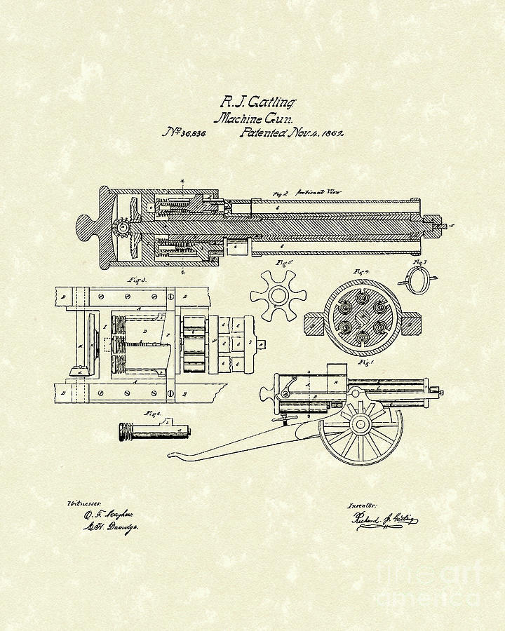 Gatling Gun Patent Drawing 1862
